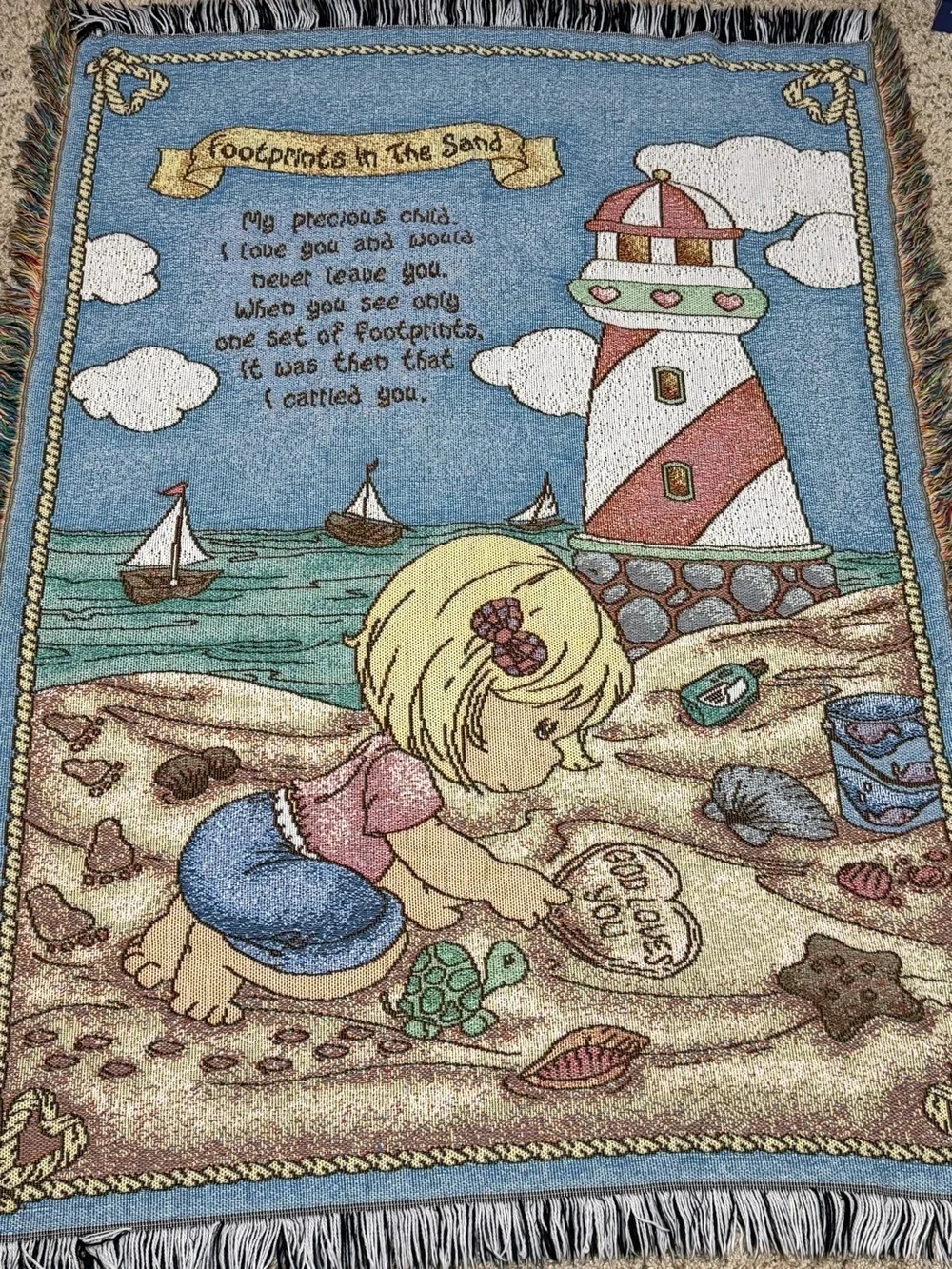 Precious Moments Footprints in Sand Tapestry Blanket Throw Fringe Vintage TZ1